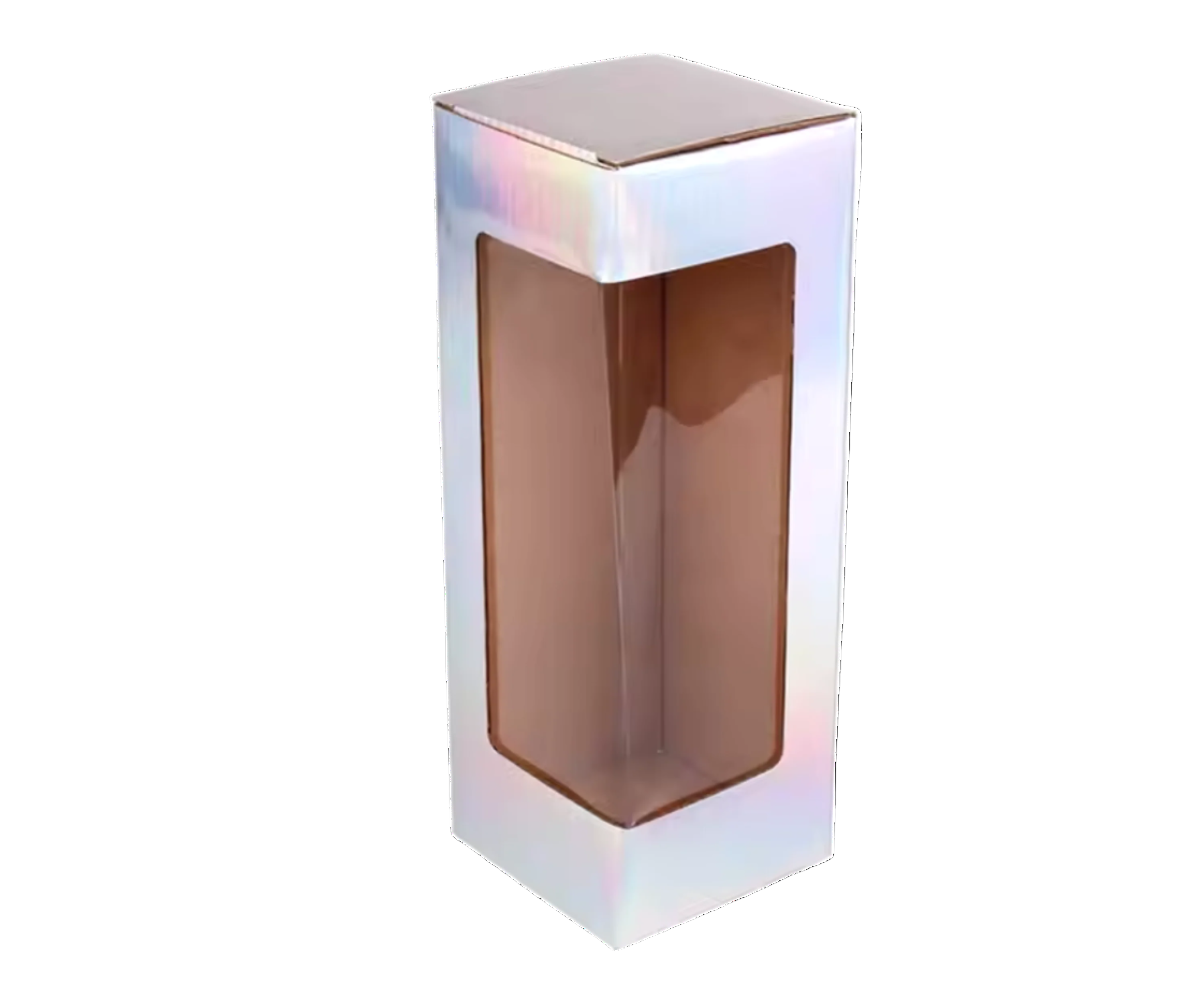 A holographic, glossy laminated corrugated cardboard tumbler box with a clear window on a 20oz tumbler.