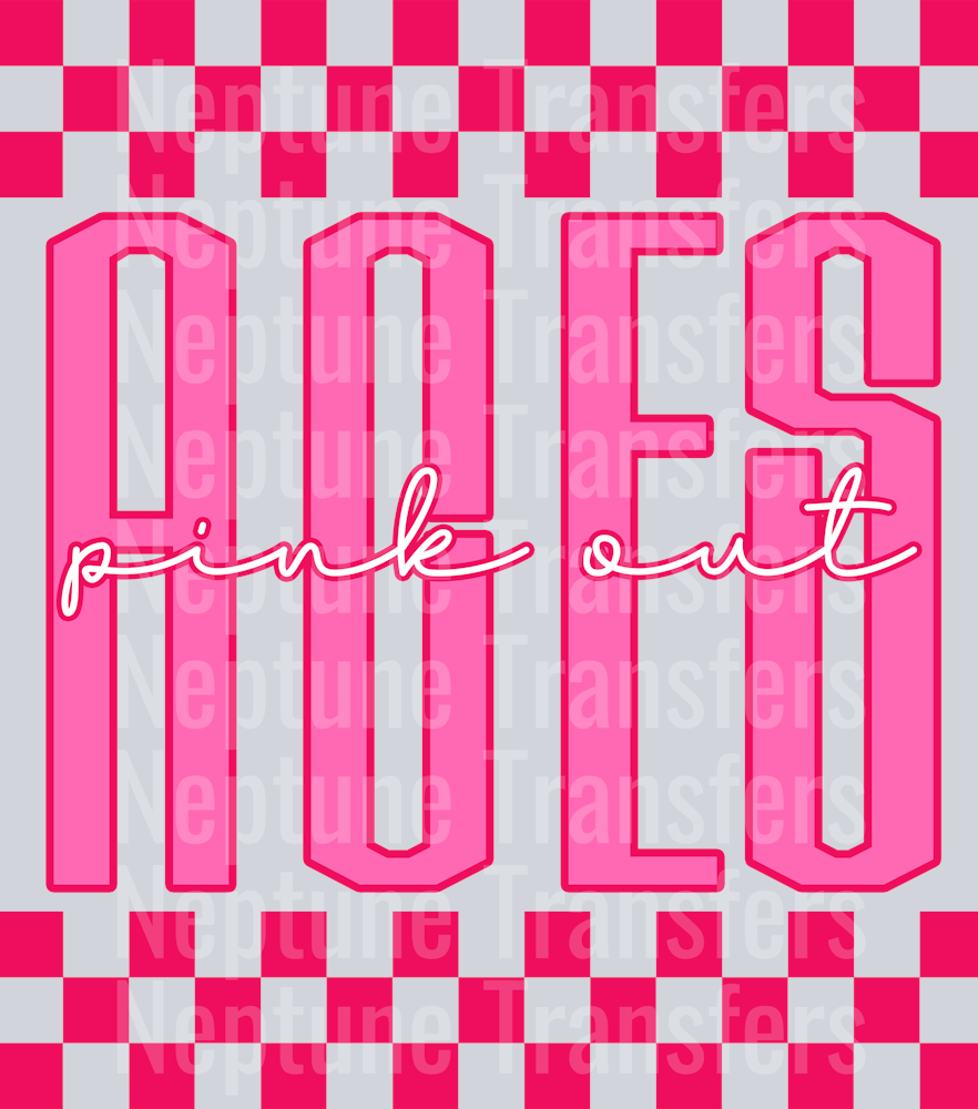 Graphic design featuring the word “ACES” in tall, bold pink outlined letters with a lighter pink fill. The phrase “pink out” is written in a bright cursive script across the center. The background includes a hot pink and light pink checkerboard pattern on the top and bottom, creating a bold and spirited “Pink Out” theme.