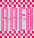 Graphic design featuring the word “ACES” in tall, bold pink outlined letters with a lighter pink fill. The phrase “pink out” is written in a bright cursive script across the center. The background includes a hot pink and light pink checkerboard pattern on the top and bottom, creating a bold and spirited “Pink Out” theme.