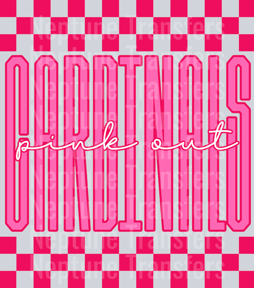 Graphic design featuring the word “CARDINALS” in tall, bold pink outlined letters with a lighter pink fill. The phrase “pink out” is written in a bright cursive script across the center. The background includes a hot pink and light pink checkerboard pattern on the top and bottom, creating a bold and spirited “Pink Out” theme.