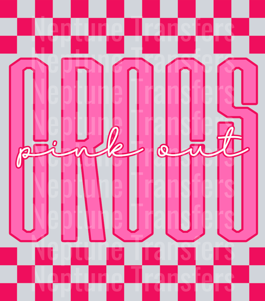 Graphic design featuring the word CROCS” in tall, bold pink outlined letters with a lighter pink fill. The phrase “pink out” is written in a bright cursive script across the center. The background includes a hot pink and light pink checkerboard pattern on the top and bottom, creating a bold and spirited “Pink Out” theme.