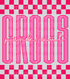 Graphic design featuring the word CROCS” in tall, bold pink outlined letters with a lighter pink fill. The phrase “pink out” is written in a bright cursive script across the center. The background includes a hot pink and light pink checkerboard pattern on the top and bottom, creating a bold and spirited “Pink Out” theme.
