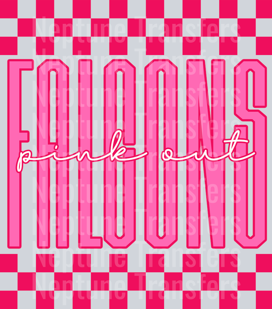 Graphic design featuring the word “FALCONS” in tall, bold pink outlined letters with a lighter pink fill. The phrase “pink out” is written in a bright cursive script across the center. The background includes a hot pink and light pink checkerboard pattern on the top and bottom, creating a bold and spirited “Pink Out” theme.