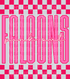 Graphic design featuring the word “FALCONS” in tall, bold pink outlined letters with a lighter pink fill. The phrase “pink out” is written in a bright cursive script across the center. The background includes a hot pink and light pink checkerboard pattern on the top and bottom, creating a bold and spirited “Pink Out” theme.