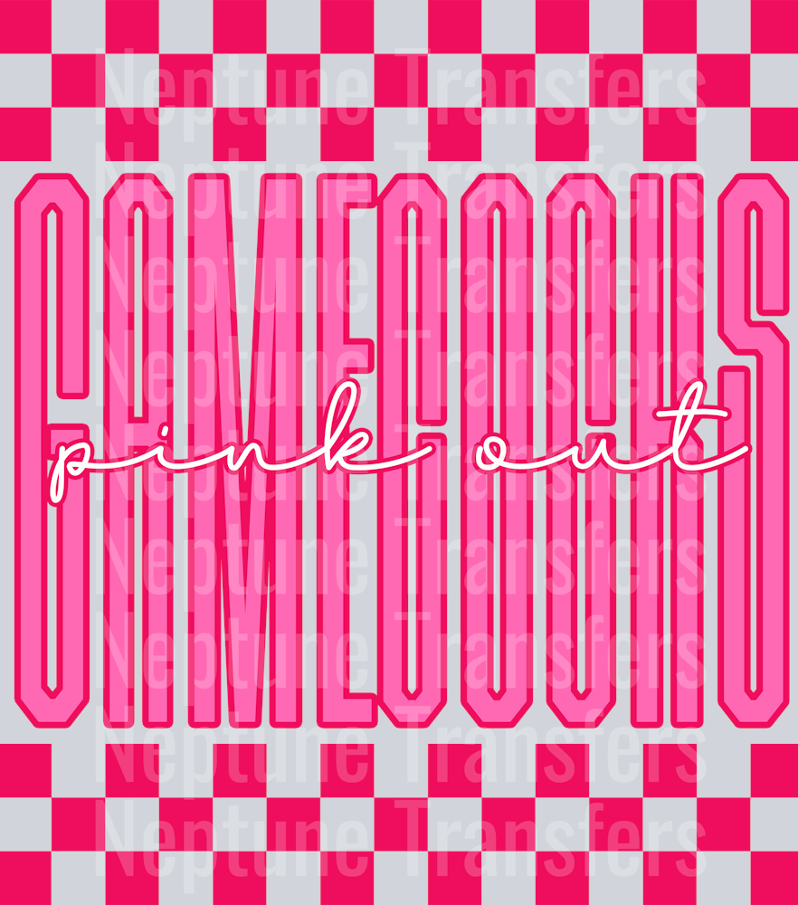 Graphic design featuring the word “GAMECOCKS” in tall, bold pink outlined letters with a lighter pink fill. The phrase “pink out” is written in a bright cursive script across the center. The background includes a hot pink and light pink checkerboard pattern on the top and bottom, creating a bold and spirited “Pink Out” theme.