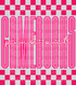 Graphic design featuring the word “GAMECOCKS” in tall, bold pink outlined letters with a lighter pink fill. The phrase “pink out” is written in a bright cursive script across the center. The background includes a hot pink and light pink checkerboard pattern on the top and bottom, creating a bold and spirited “Pink Out” theme.
