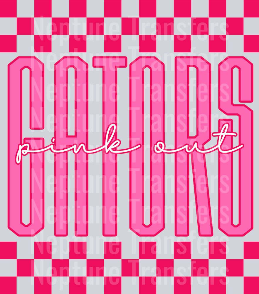 Graphic design featuring the word “GATORS” in tall, bold pink outlined letters with a lighter pink fill. The phrase “pink out” is written in a bright cursive script across the center. The background includes a hot pink and light pink checkerboard pattern on the top and bottom, creating a bold and spirited “Pink Out” theme.