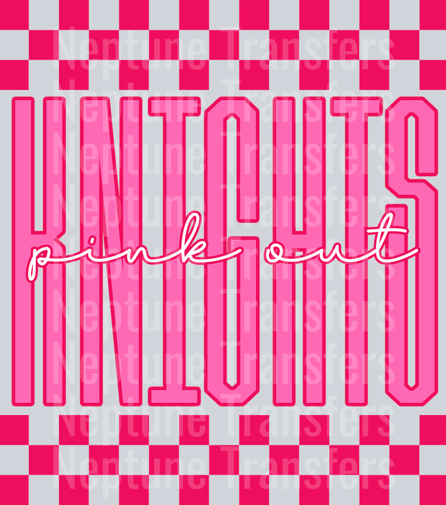 Graphic design featuring the word “KNIGHTS” in tall, bold pink outlined letters with a lighter pink fill. The phrase “pink out” is written in a bright cursive script across the center. The background includes a hot pink and light pink checkerboard pattern on the top and bottom, creating a bold and spirited “Pink Out” theme.