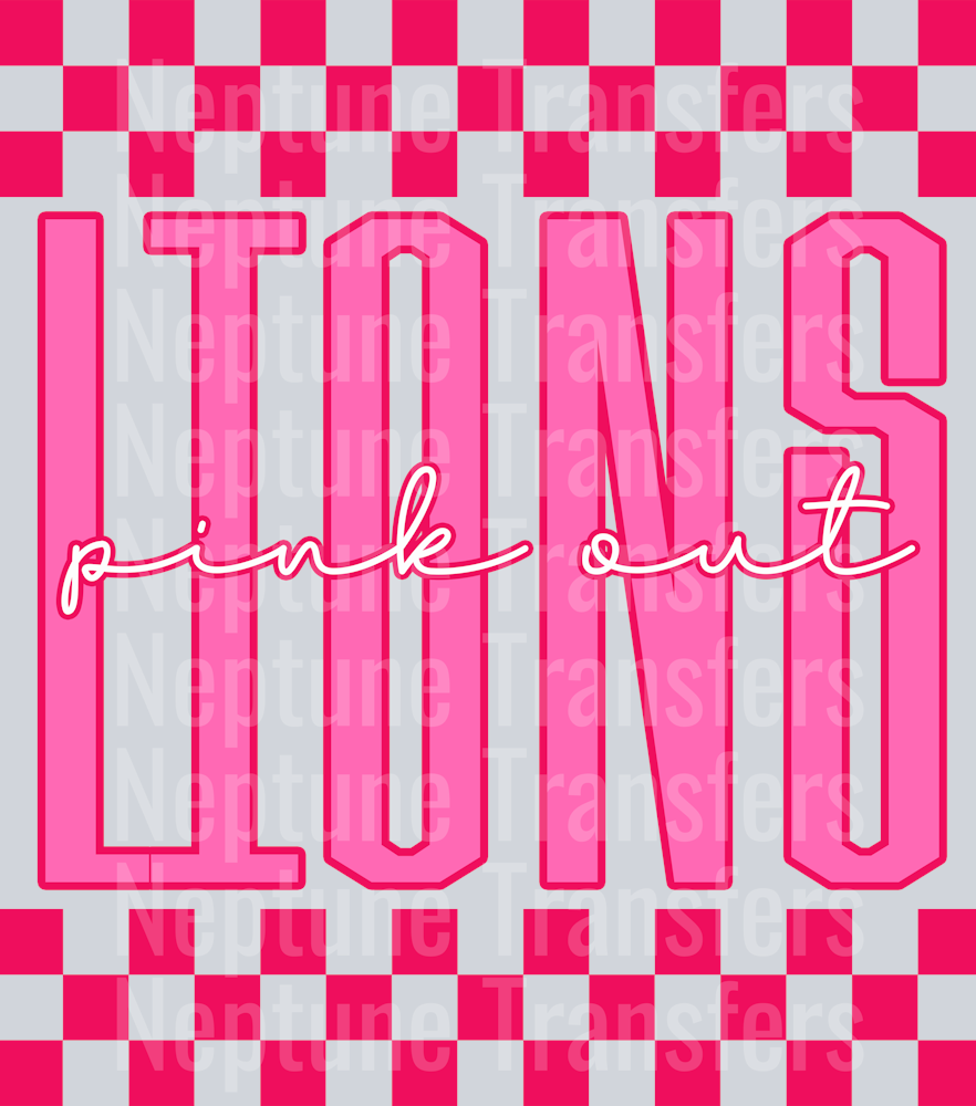 Graphic design featuring the word “LIONS” in tall, bold pink outlined letters with a lighter pink fill. The phrase “pink out” is written in a bright cursive script across the center. The background includes a hot pink and light pink checkerboard pattern on the top and bottom, creating a bold and spirited “Pink Out” theme.