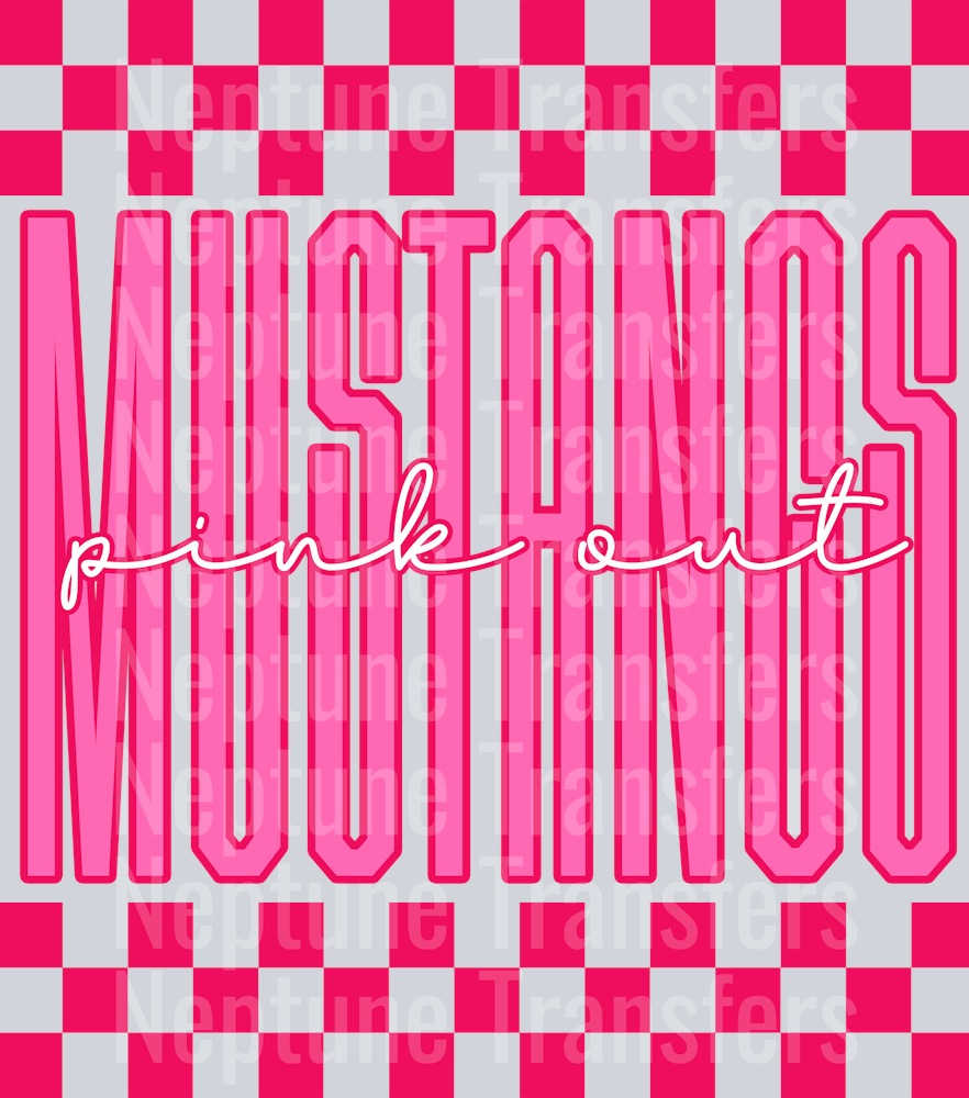 Graphic design featuring the word “MUSTANGS” in tall, bold pink outlined letters with a lighter pink fill. The phrase “pink out” is written in a bright cursive script across the center. The background includes a hot pink and light pink checkerboard pattern on the top and bottom, creating a bold and spirited “Pink Out” theme.