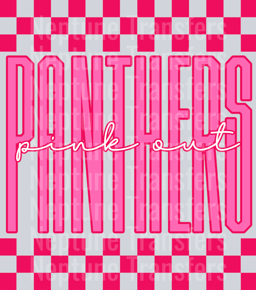 Graphic design featuring the word “PANTHERS” in tall, bold pink outlined letters with a lighter pink fill. The phrase “pink out” is written in a bright cursive script across the center. The background includes a hot pink and light pink checkerboard pattern on the top and bottom, creating a bold and spirited “Pink Out” theme.