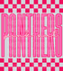 Graphic design featuring the word “PANTHERS” in tall, bold pink outlined letters with a lighter pink fill. The phrase “pink out” is written in a bright cursive script across the center. The background includes a hot pink and light pink checkerboard pattern on the top and bottom, creating a bold and spirited “Pink Out” theme.