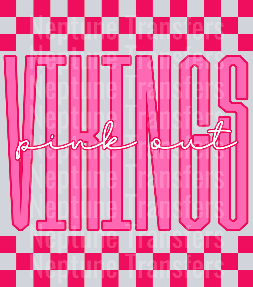 Graphic design featuring the word “VIKINGS” in tall, bold pink outlined letters with a lighter pink fill. The phrase “pink out” is written in a bright cursive script across the center. The background includes a hot pink and light pink checkerboard pattern on the top and bottom, creating a bold and spirited “Pink Out” theme.