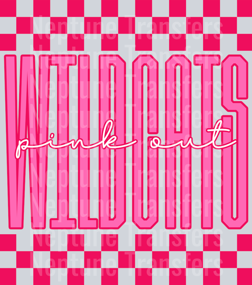 Graphic design featuring the word “WILDCATS” in tall, bold pink outlined letters with a lighter pink fill. The phrase “pink out” is written in a bright cursive script across the center. The background includes a hot pink and light pink checkerboard pattern on the top and bottom, creating a bold and spirited “Pink Out” theme.