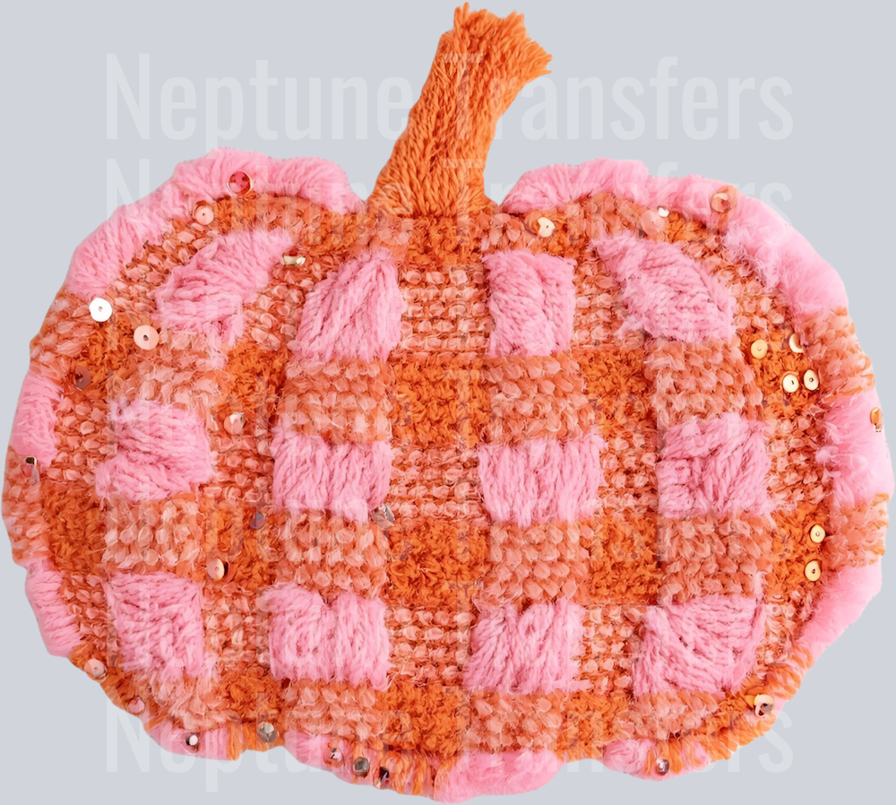 PINK AND ORANGE PLAID PUMPKIN FAUX YARN